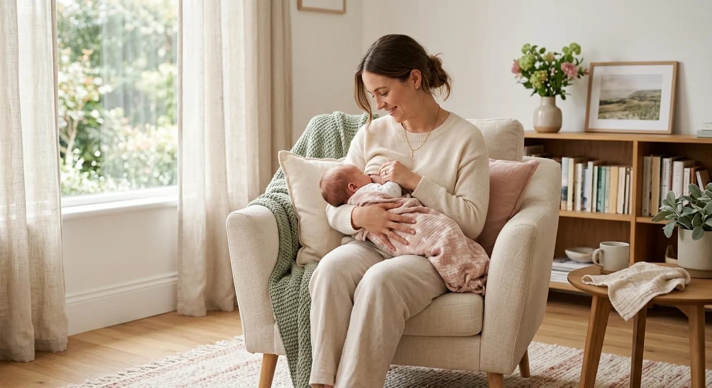 Mother nursing baby in comfortable chair with warm light
