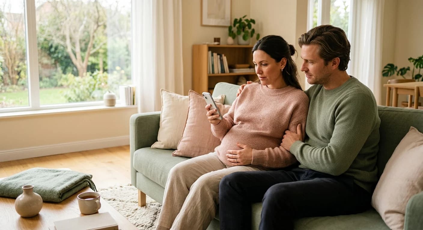 Woman timing contractions with phone, partner beside her