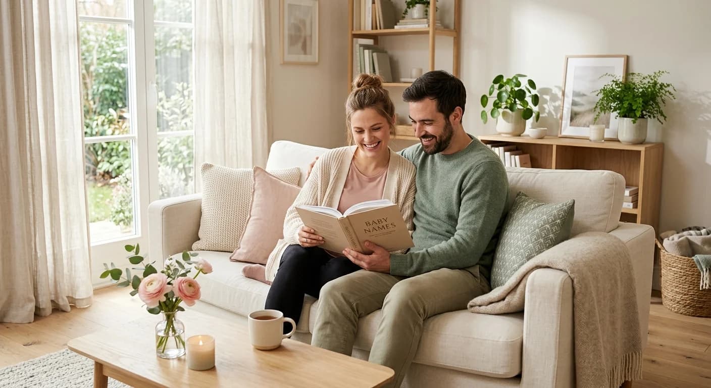 Parents looking at baby name book together on cozy sofa