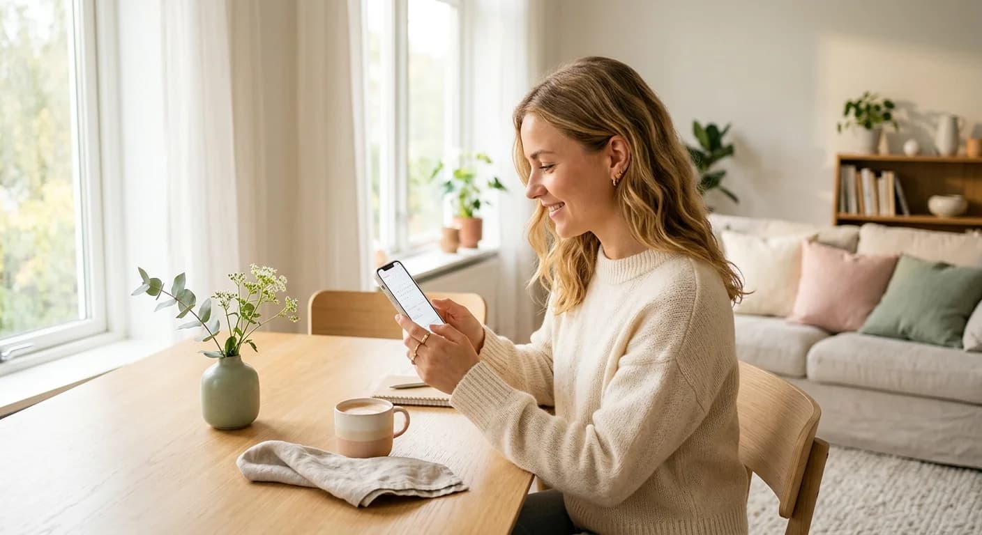 Woman looking at calendar app on phone in morning light