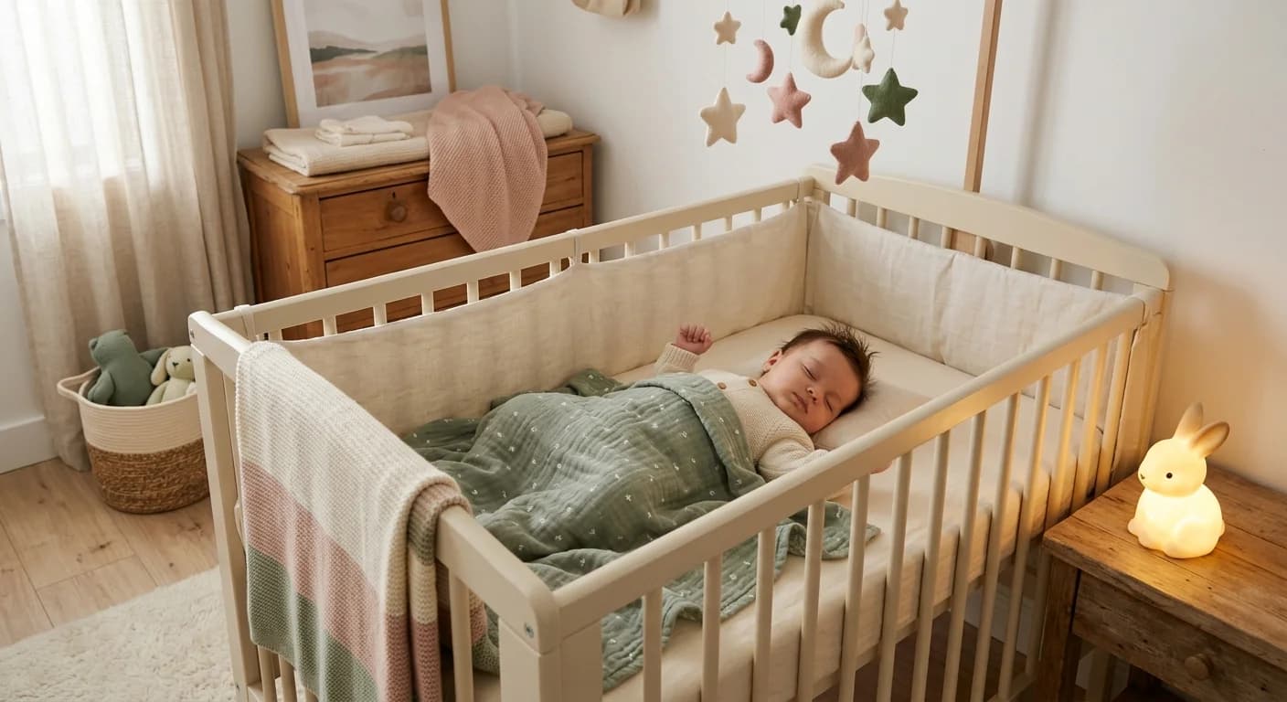 Peaceful sleeping baby in crib with soft nightlight