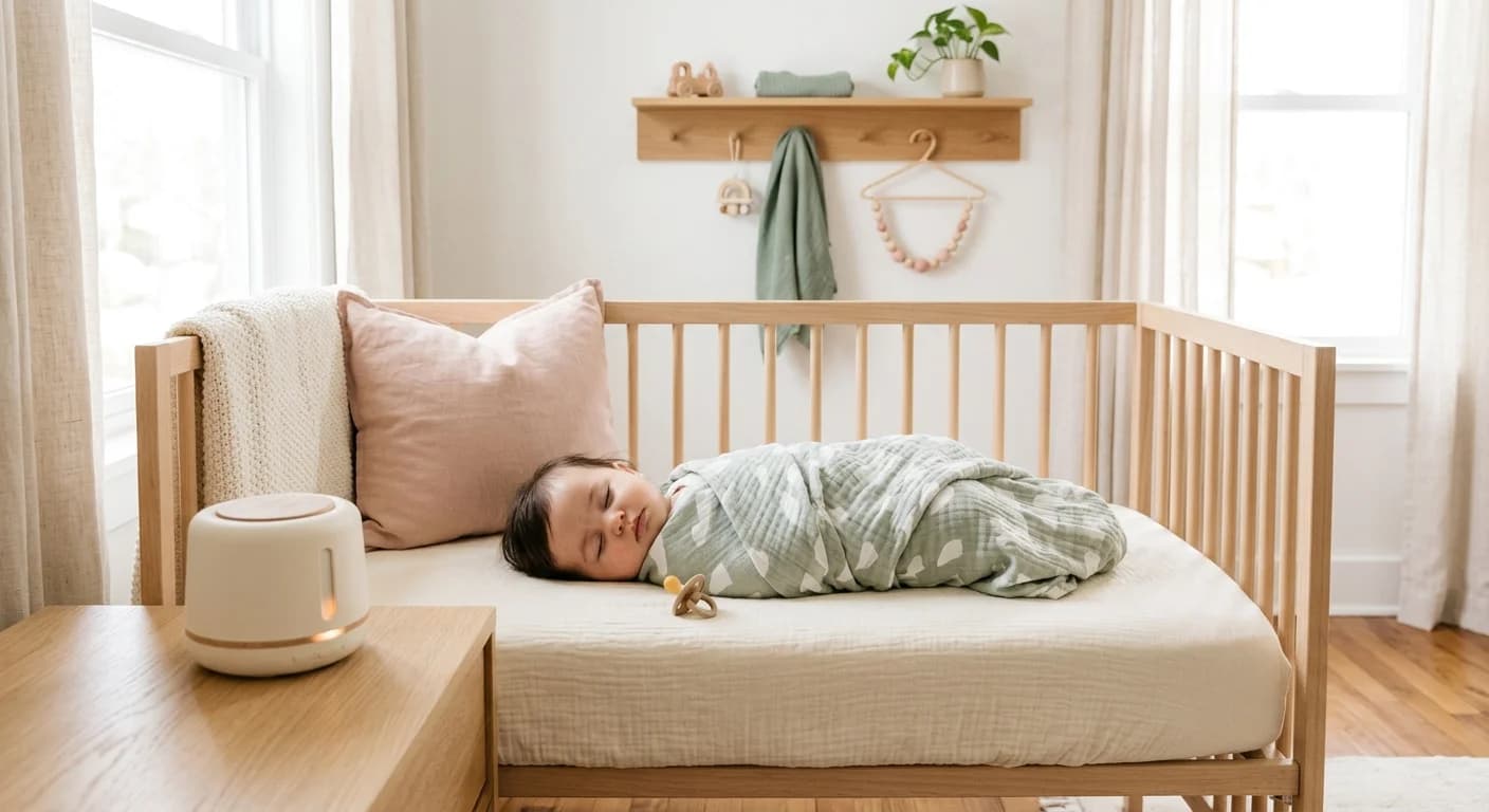 Sleeping baby with soft white noise machine nearby