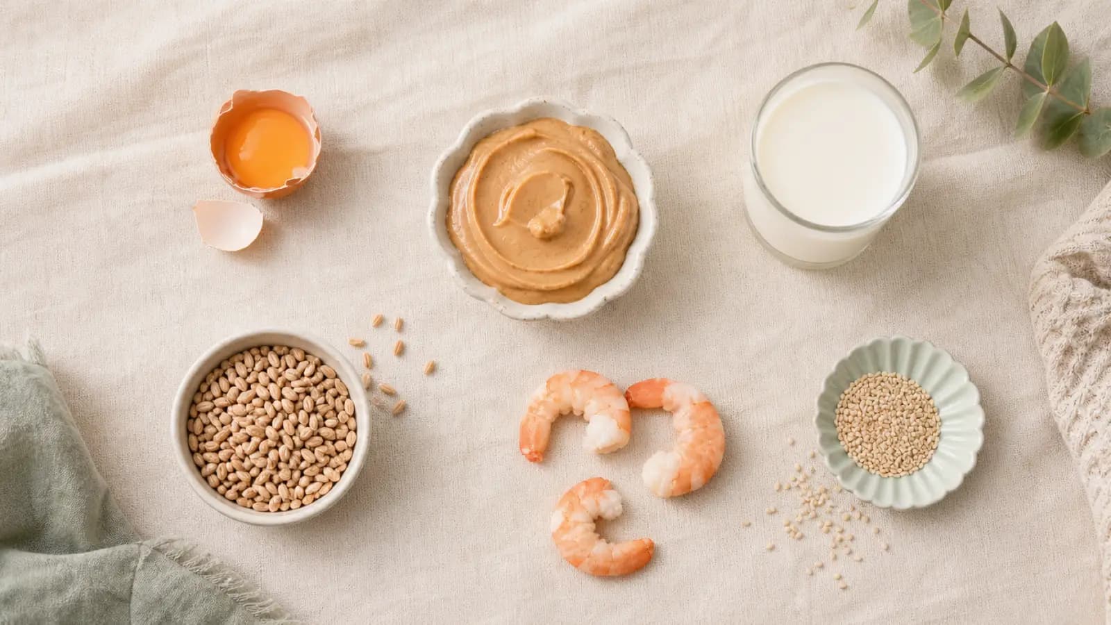 Overhead arrangement of common allergen first foods on cream linen: egg, peanut butter, soy beans, shrimp, milk and sesame seeds