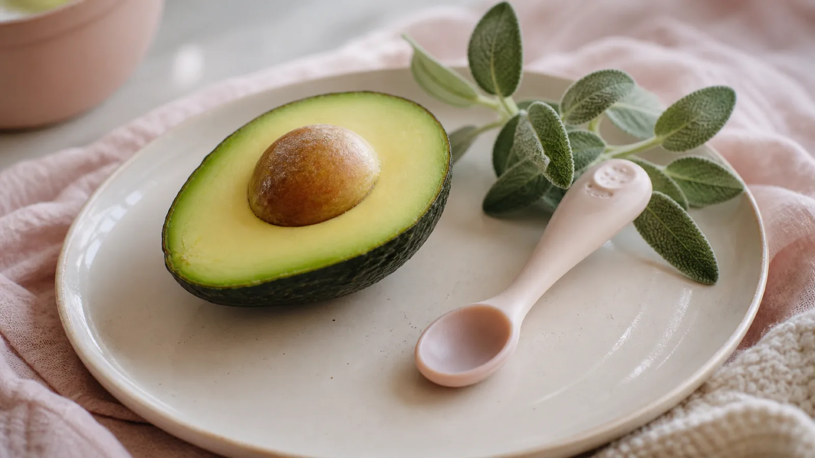 A ripe avocado halved beside a soft baby spoon on a pale cream plate with a sage sprig