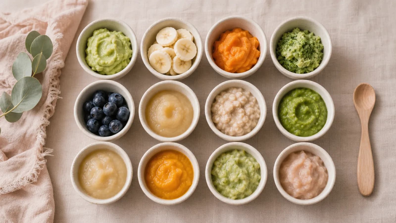 Overhead flat-lay of a dozen baby first foods in small cream bowls on warm linen: avocado, banana, sweet potato, broccoli, blueberries, pear, oatmeal and peas with a wooden baby spoon