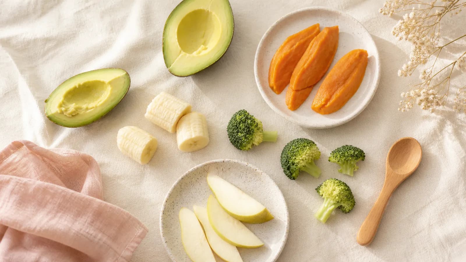 Overhead flat-lay of baby-led weaning first foods on warm cream linen: avocado, banana, sweet potato, broccoli, pear slices and a wooden baby spoon
