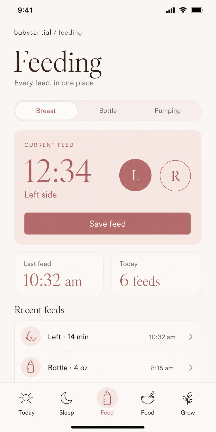 Concept feeding app screen showing a feeding timer, left and right side, and recent feeds