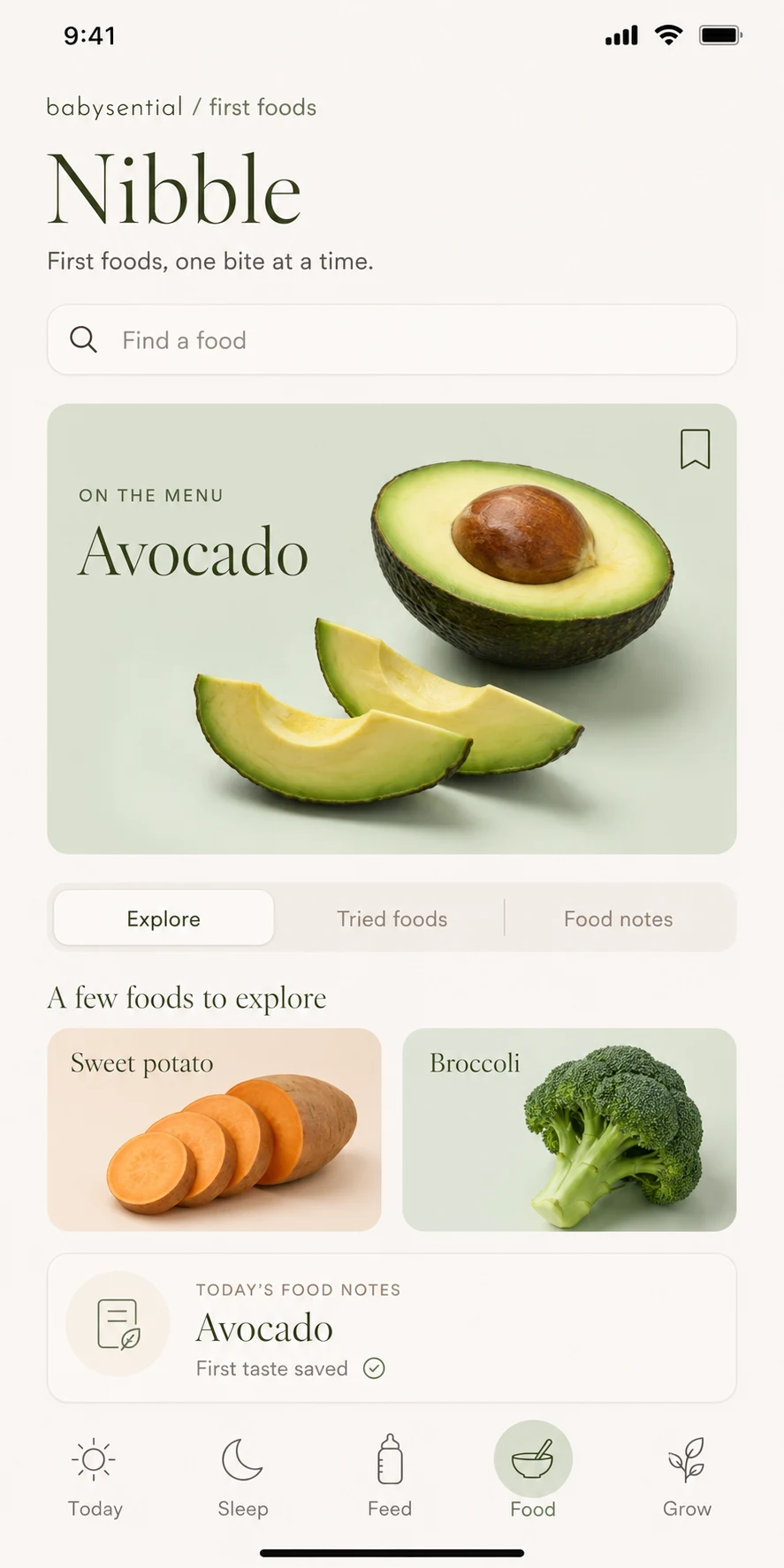 Concept Nibble app screen with food search, avocado, foods to explore and saved food notes