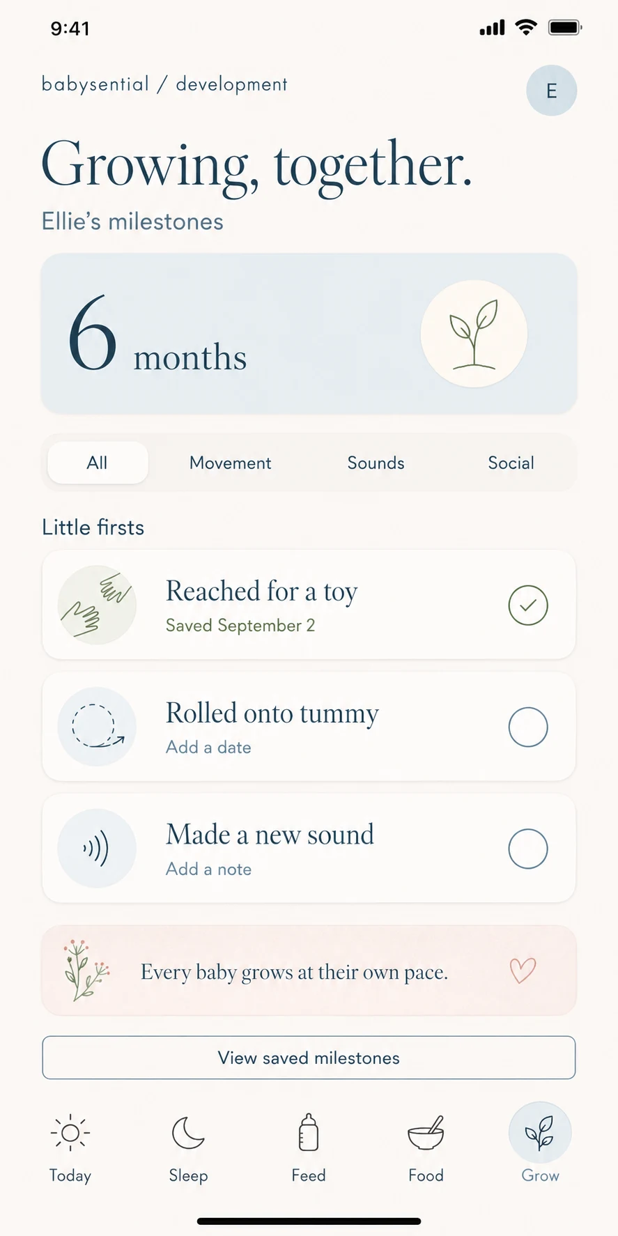 Concept development screen with saved milestones such as reaching for a toy