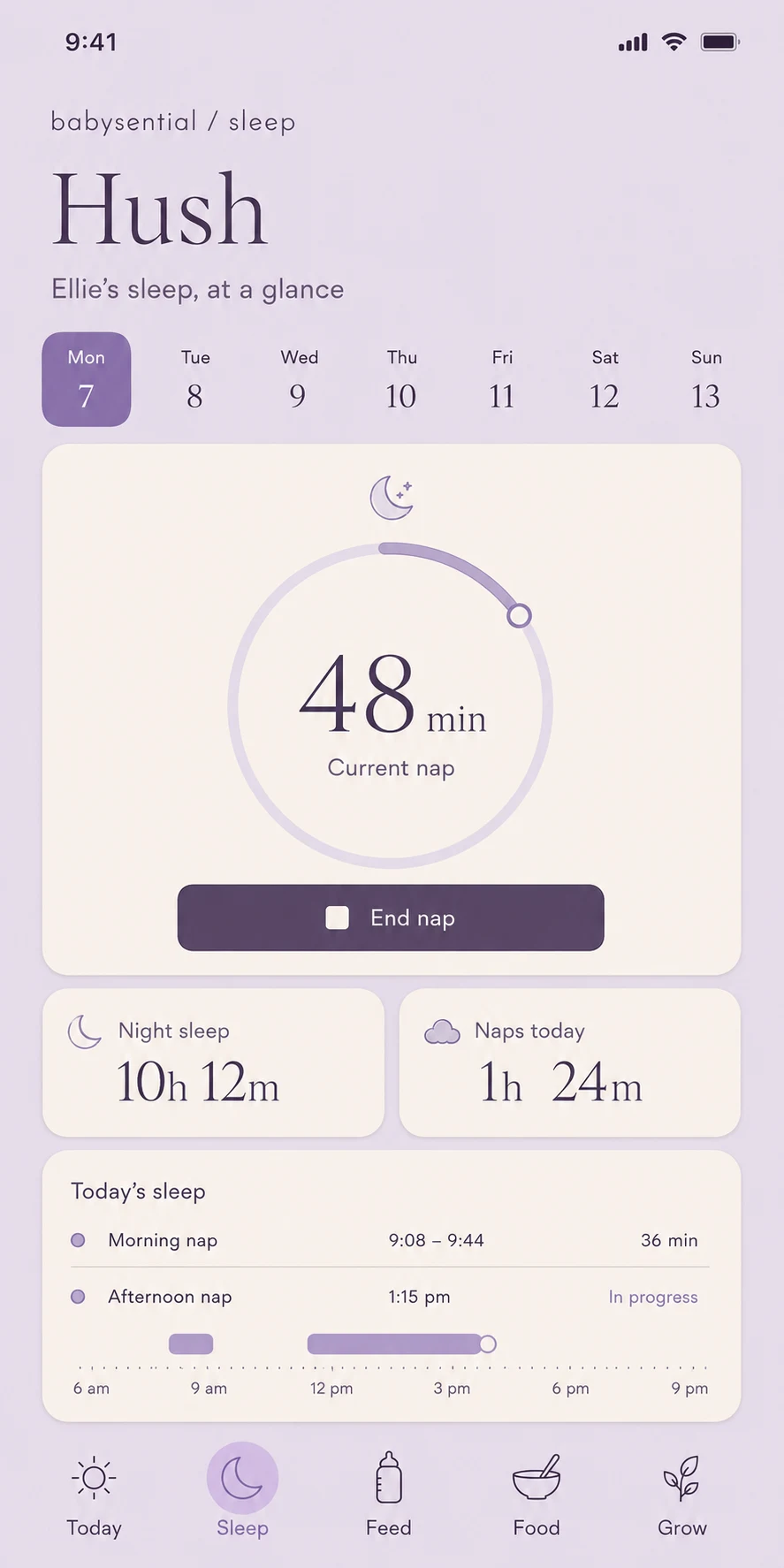 Concept Hush app screen with a nap timer, night sleep totals and today's sleep log