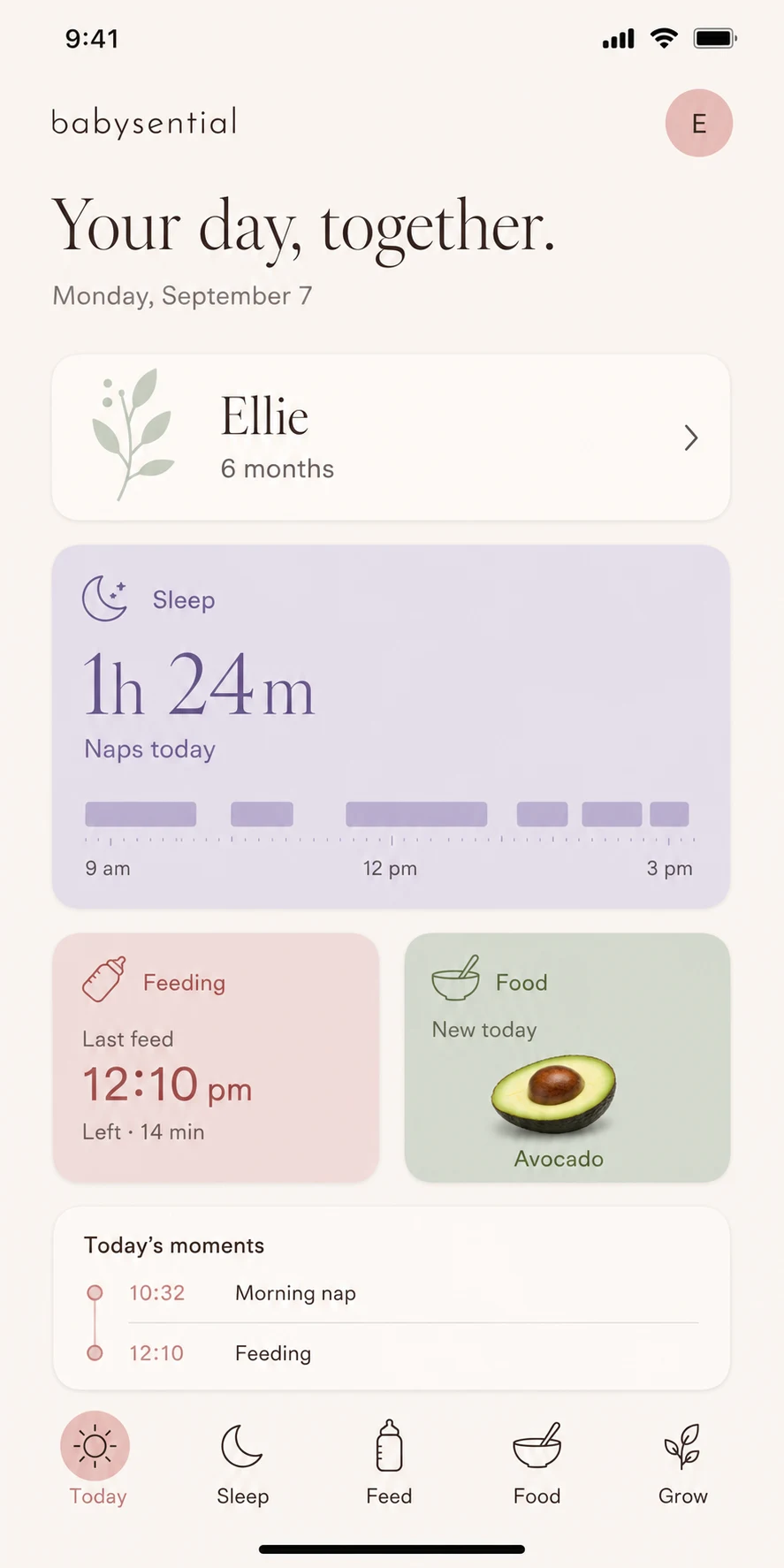 Concept of the Babysential daily overview with sleep, feeding and first-food records