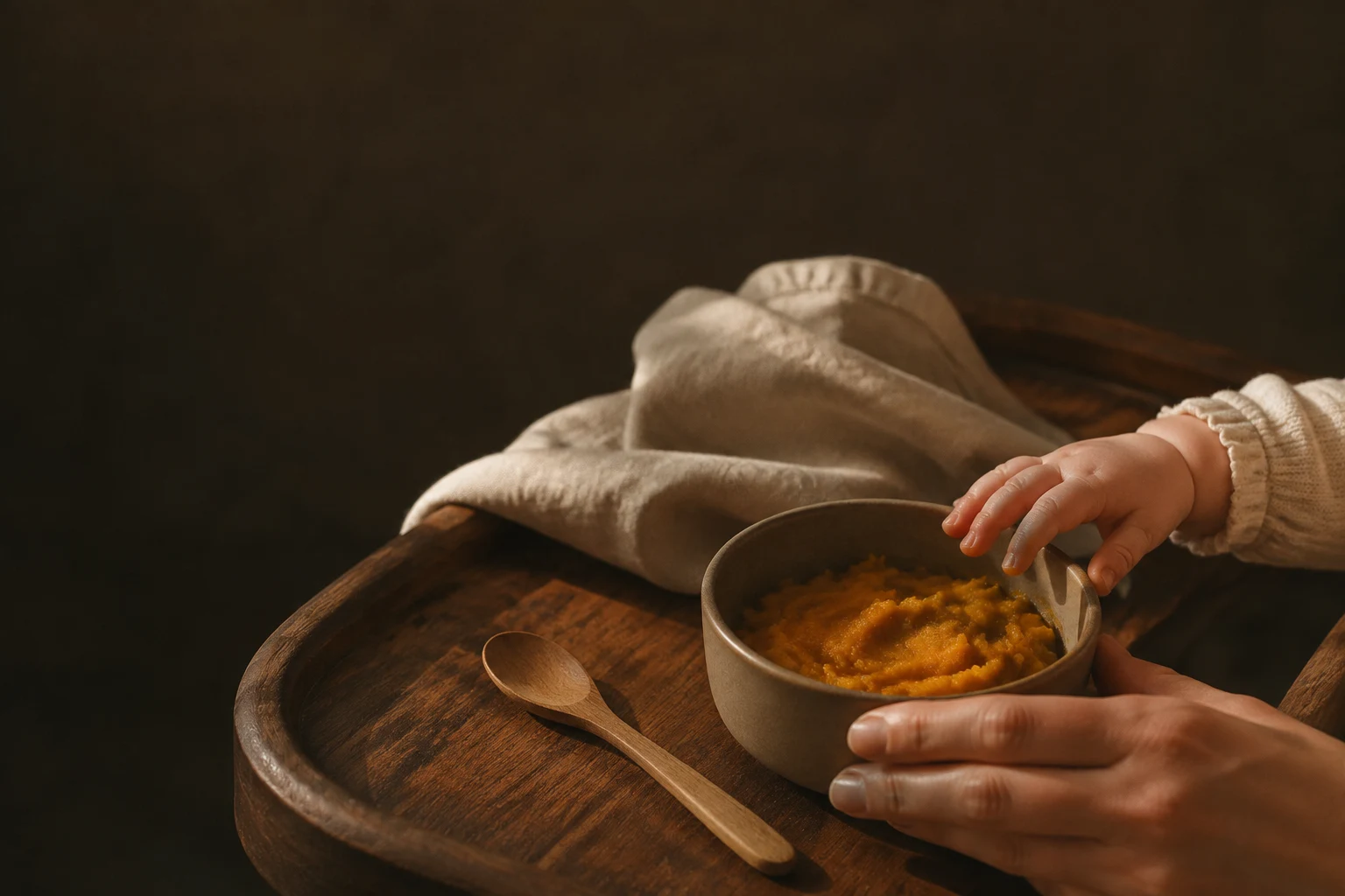 A baby reaching toward a bowl of food held by a parent