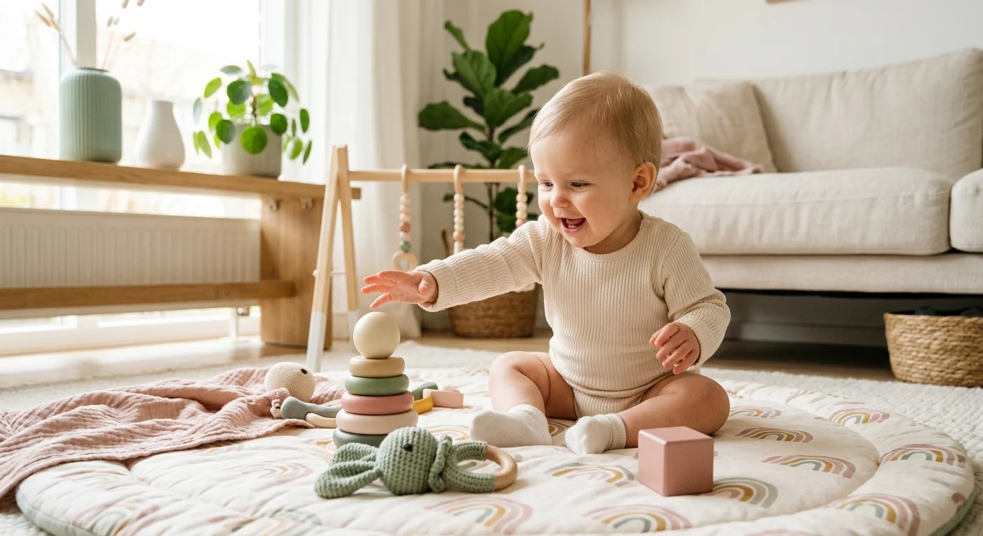 Baby reaching for toys on colorful playmat