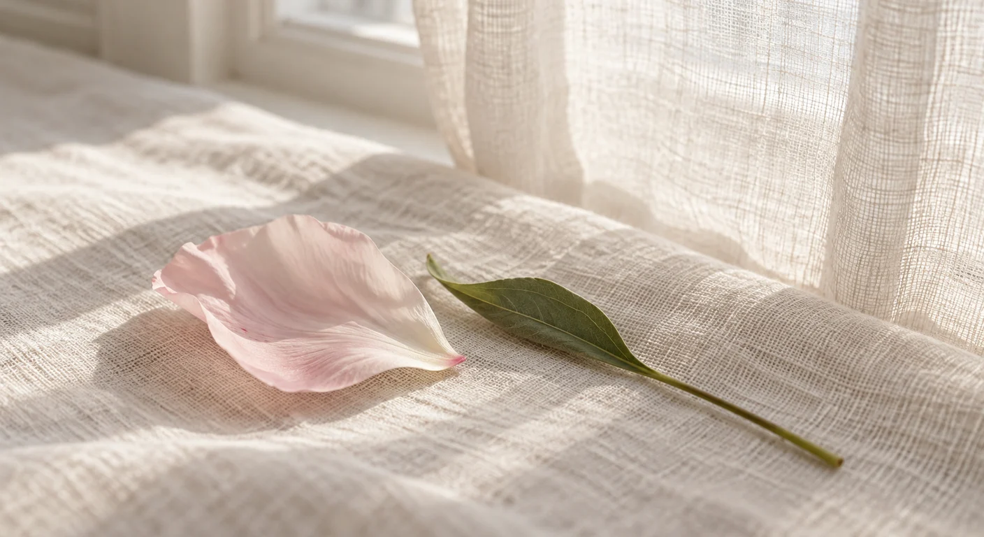 A single pale pink petal and a sage green leaf resting on cream linen in soft morning light