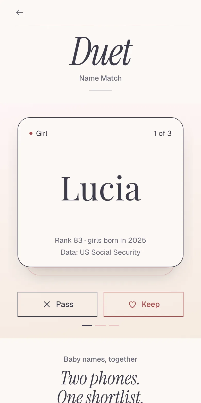 Duet's start screen: a girl's name card with its popularity rank, and Pass and Keep buttons below it